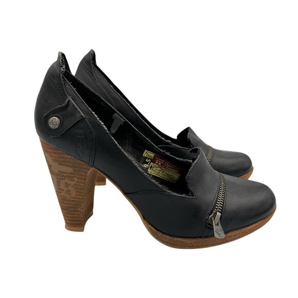 London Underground Black Leather Detailed Zipper Chunky Block Heel Trendy Pumps - Picture 4 of 10